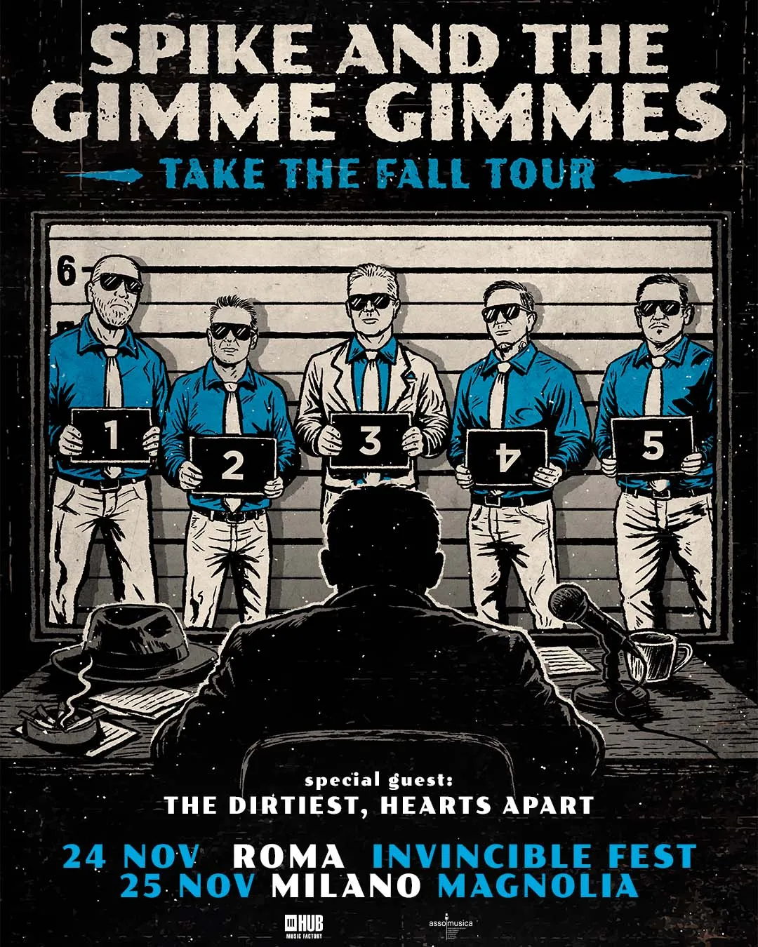 Flyer del Take The Fall Tour di Spike and the Gimme Gimmes con special guest The Dirtiest e Hearts Apart: 24 novembre Roma, Invincible Fest; 25 novembre Milano, Magnolia
